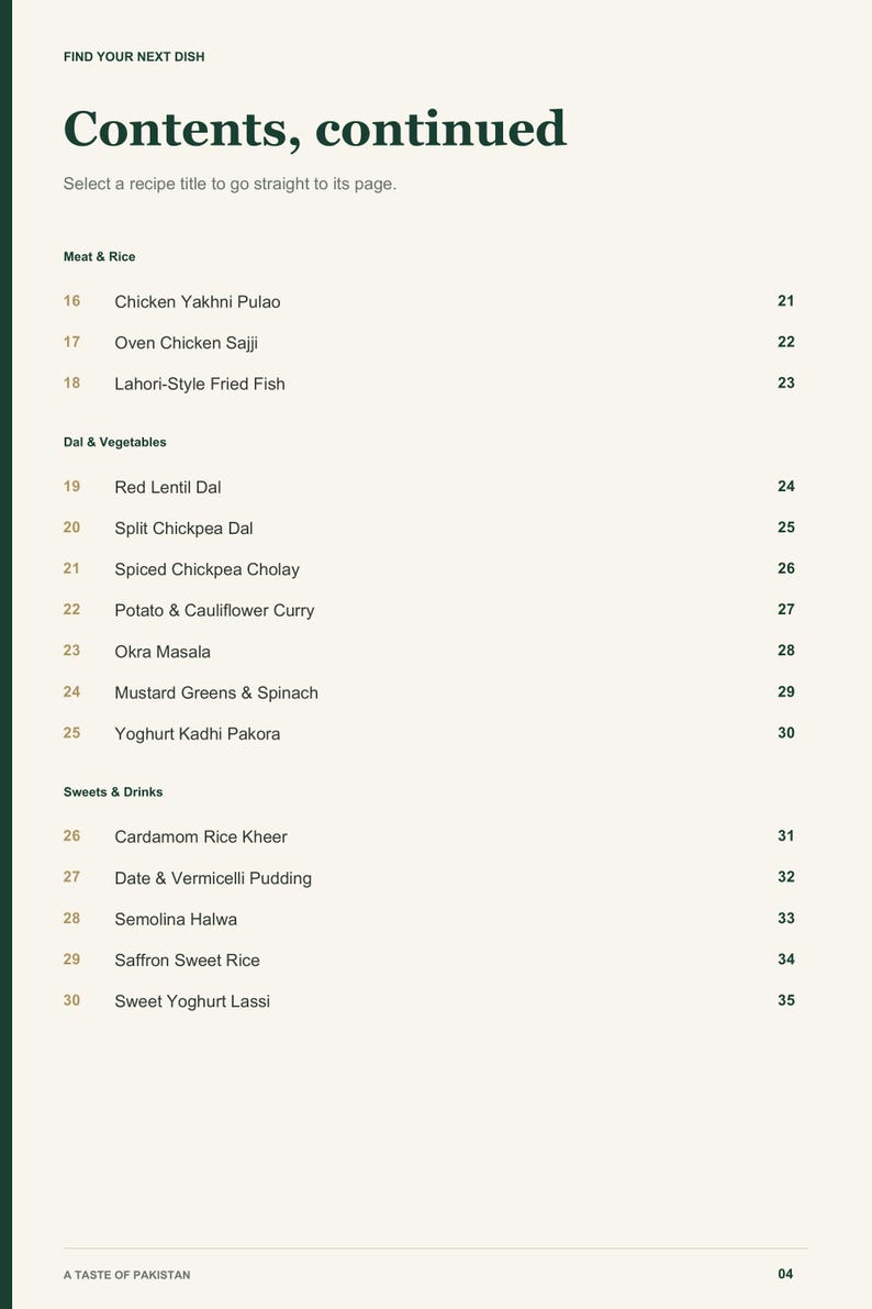 Actual PDF page 4 from A Taste of Pakistan: Contents, page 2.