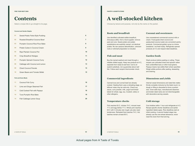 Actual contents and kitchen-notes pages from A Taste of Tuvalu.