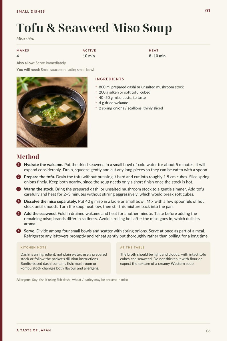 Actual PDF page 6 from A Taste of Japan: Tofu & Seaweed Miso Soup recipe page.