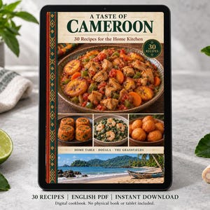 Digital cookbook mockup displaying the actual A Taste of Cameroon cover. English PDF download only; no tablet or physical book included.