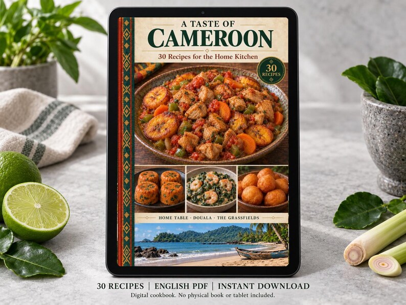 Digital cookbook mockup displaying the actual A Taste of Cameroon cover. English PDF download only; no tablet or physical book included.