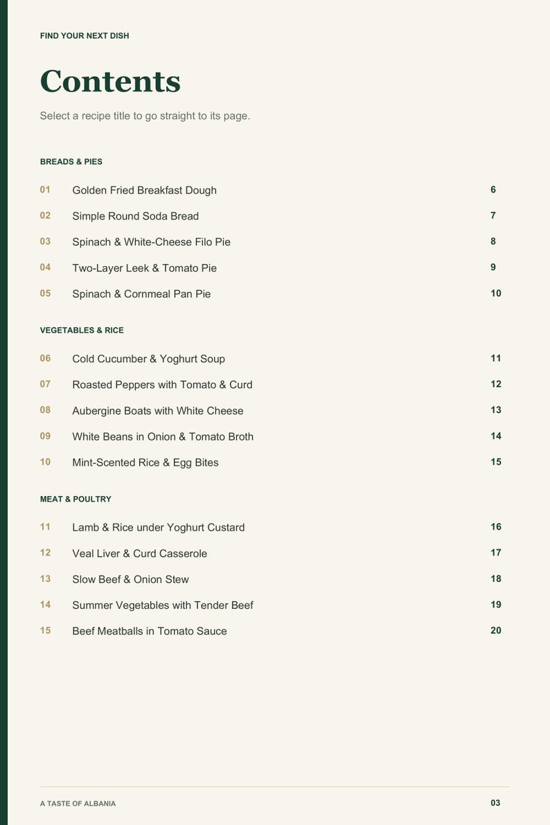Actual PDF page 3 from A Taste of Albania: Contents, page 1.