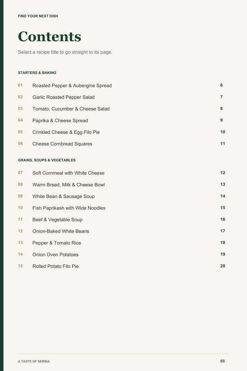 Actual PDF page 3 from A Taste of Serbia: Contents, page 1.