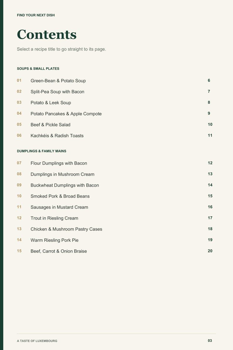 Actual PDF page 3 from A Taste of Luxembourg: Contents, page 1.