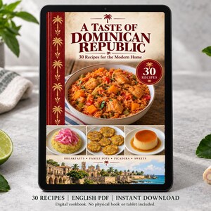 Digital cookbook mockup displaying the actual A Taste of Dominican Republic cover. English PDF download only; no tablet or physical book included.