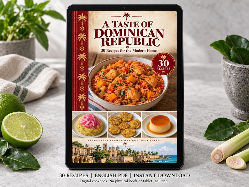 Digital cookbook mockup displaying the actual A Taste of Dominican Republic cover. English PDF download only; no tablet or physical book included.