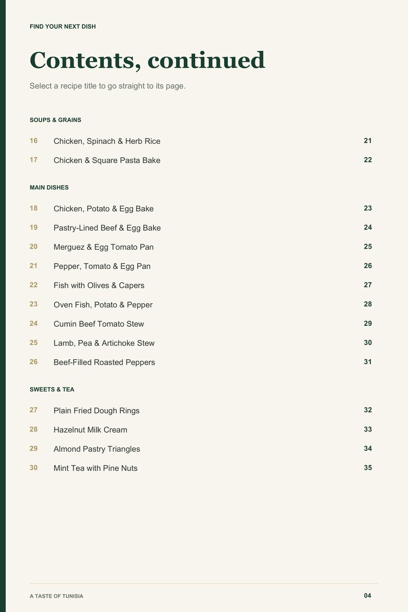 Actual PDF page 4 from A Taste of Tunisia: Contents, page 2.