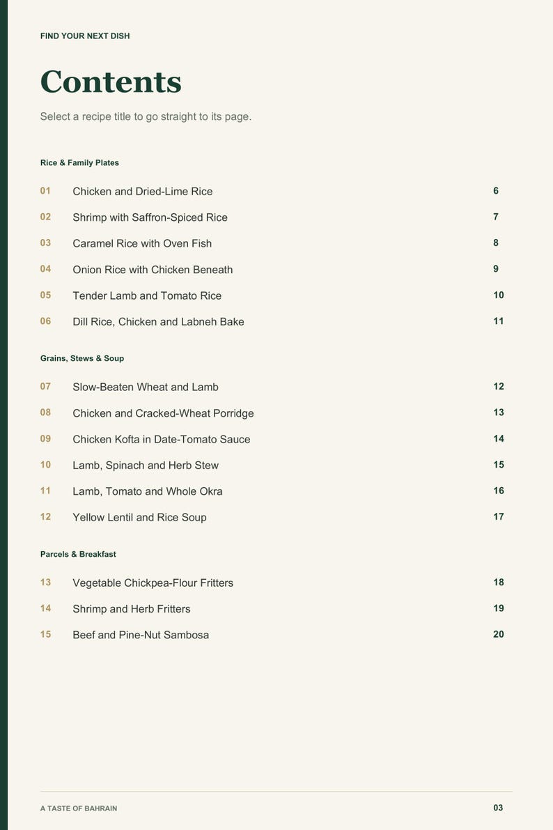 Actual PDF page 3 from A Taste of Bahrain: Contents, page 1.