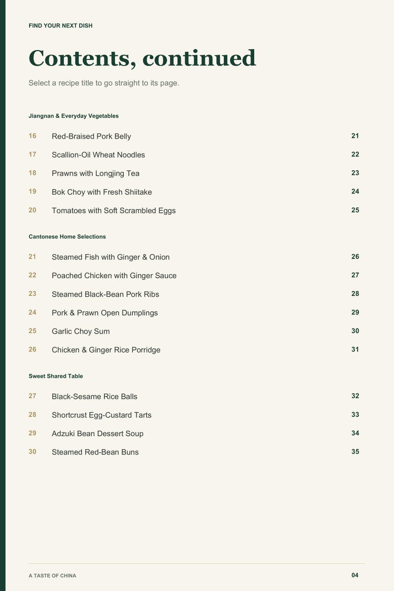 Actual PDF page 4 from A Taste of China: Contents, page 2.