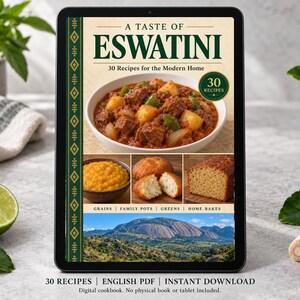 Digital cookbook mockup displaying the actual A Taste of Eswatini cover. English PDF download only; no tablet or physical book included.