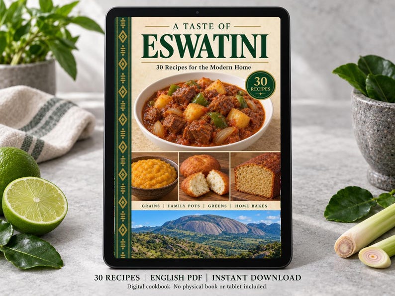Digital cookbook mockup displaying the actual A Taste of Eswatini cover. English PDF download only; no tablet or physical book included.