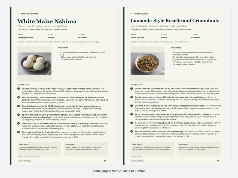 Two actual recipe pages from A Taste of Zambia.
