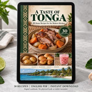 Digital cookbook mockup displaying the actual A Taste of Tonga cover. English PDF download only; no tablet or physical book included.