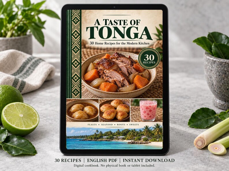 Digital cookbook mockup displaying the actual A Taste of Tonga cover. English PDF download only; no tablet or physical book included.