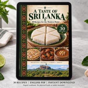 Digital cookbook mockup displaying the actual A Taste of Sri Lanka cover. English PDF download only; no tablet or physical book included.