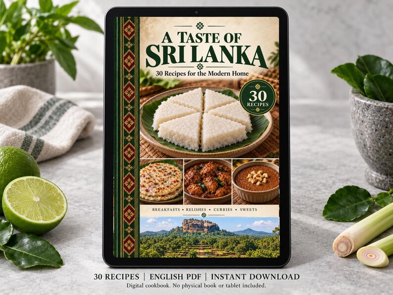 Digital cookbook mockup displaying the actual A Taste of Sri Lanka cover. English PDF download only; no tablet or physical book included.