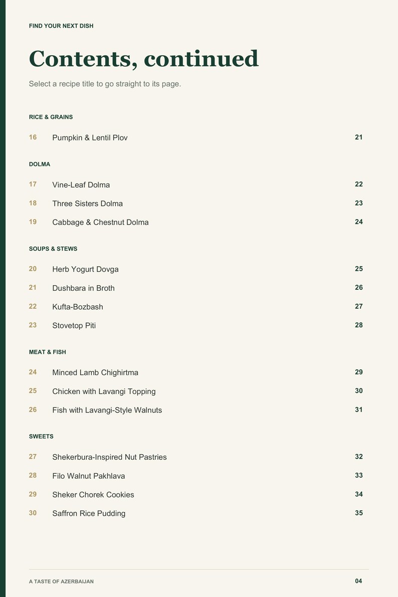 Actual PDF page 4 from A Taste of Azerbaijan: Contents, page 2.
