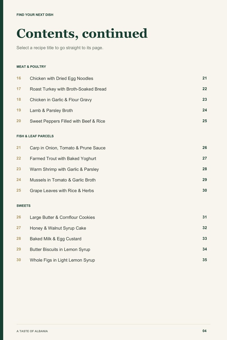 Actual PDF page 4 from A Taste of Albania: Contents, page 2.