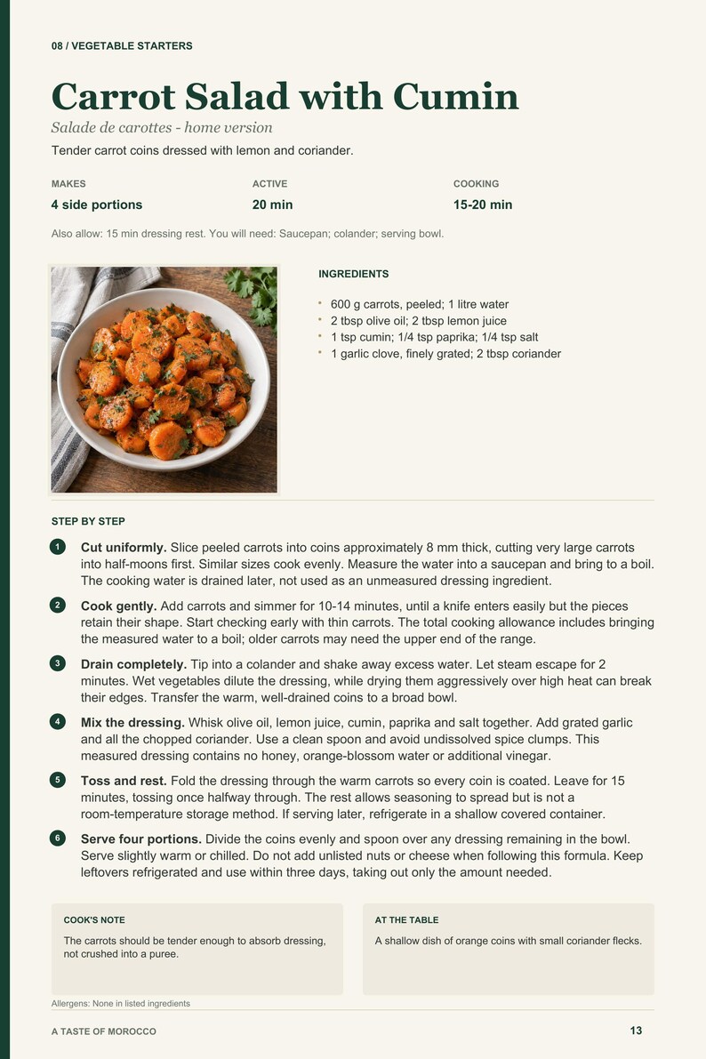 Actual PDF page 13 from A Taste of Morocco: Carrot Salad with Cumin recipe page.