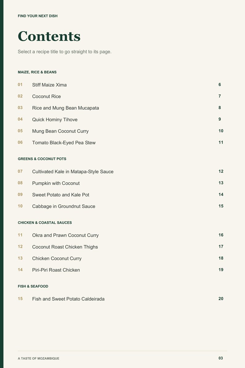 Actual PDF page 3 from A Taste of Mozambique: Contents, page 1.
