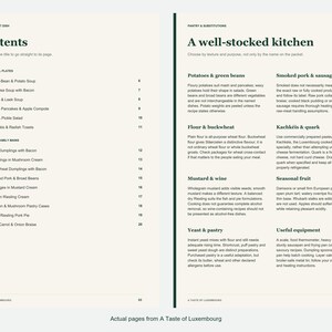 Actual contents and kitchen-notes pages from A Taste of Luxembourg.