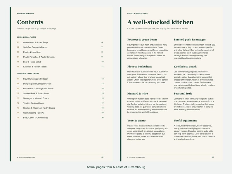 Actual contents and kitchen-notes pages from A Taste of Luxembourg.