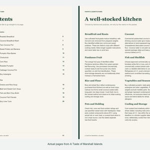 Actual contents and kitchen-notes pages from A Taste of Marshall Islands.