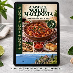 Digital cookbook mockup displaying the actual A Taste of North Macedonia cover. English PDF download only; no tablet or physical book included.