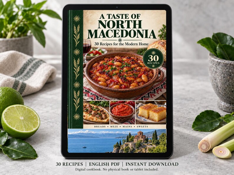 Digital cookbook mockup displaying the actual A Taste of North Macedonia cover. English PDF download only; no tablet or physical book included.