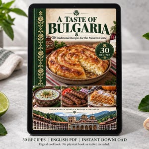 Digital cookbook mockup displaying the actual A Taste of Bulgaria cover. English PDF download only; no tablet or physical book included.