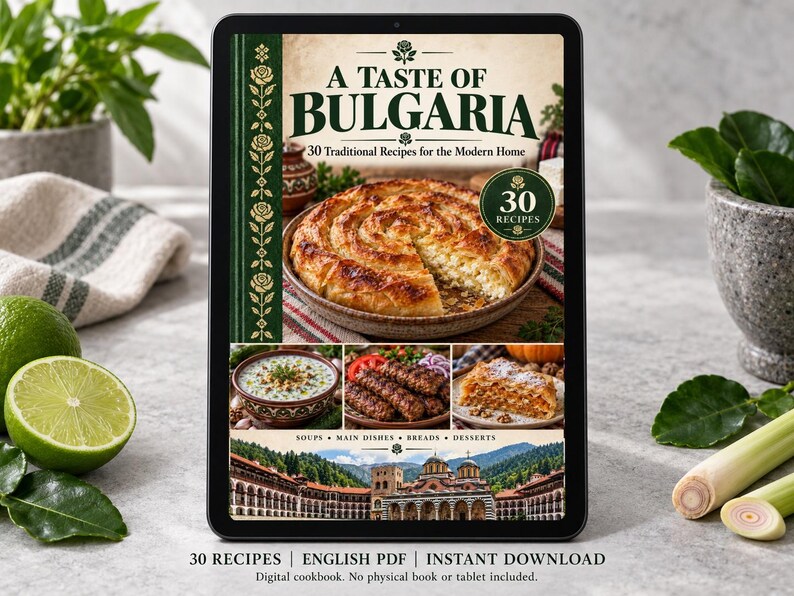 Digital cookbook mockup displaying the actual A Taste of Bulgaria cover. English PDF download only; no tablet or physical book included.
