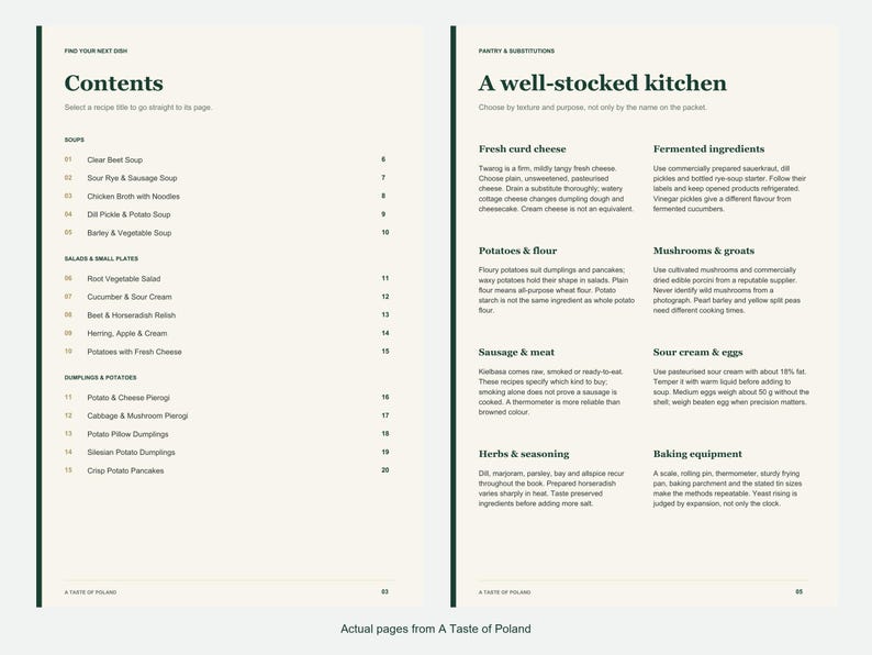 Actual contents and kitchen-notes pages from A Taste of Poland.