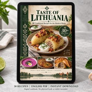 Digital cookbook mockup displaying the actual A Taste of Lithuania cover. English PDF download only; no tablet or physical book included.