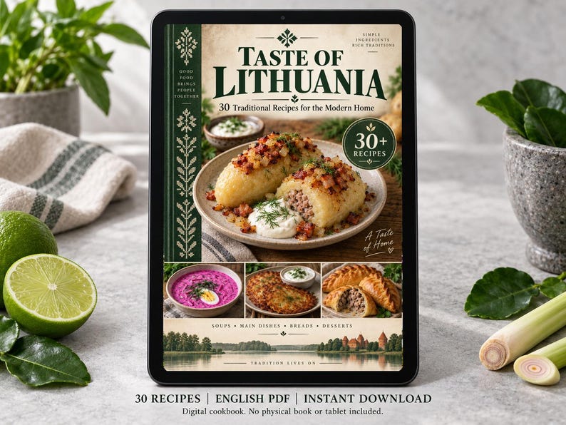 Digital cookbook mockup displaying the actual A Taste of Lithuania cover. English PDF download only; no tablet or physical book included.