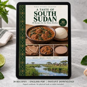 Digital cookbook mockup displaying the actual A Taste of South Sudan cover. English PDF download only; no tablet or physical book included.