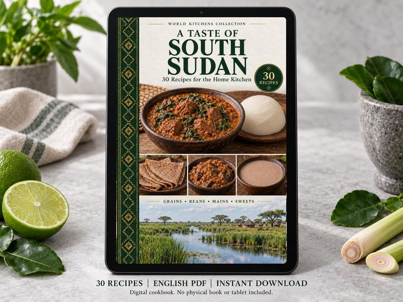 Digital cookbook mockup displaying the actual A Taste of South Sudan cover. English PDF download only; no tablet or physical book included.