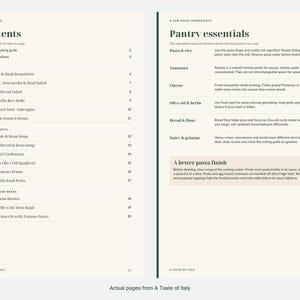 Actual contents and kitchen-notes pages from A Taste of Italy.