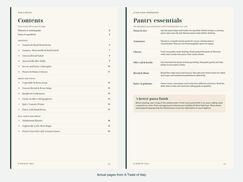 Actual contents and kitchen-notes pages from A Taste of Italy.