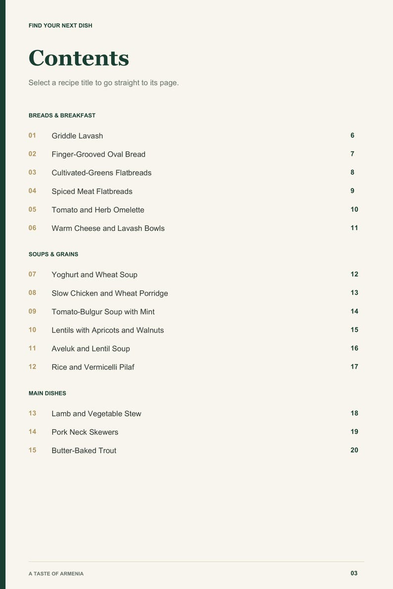 Actual PDF page 3 from A Taste of Armenia: Contents, page 1.