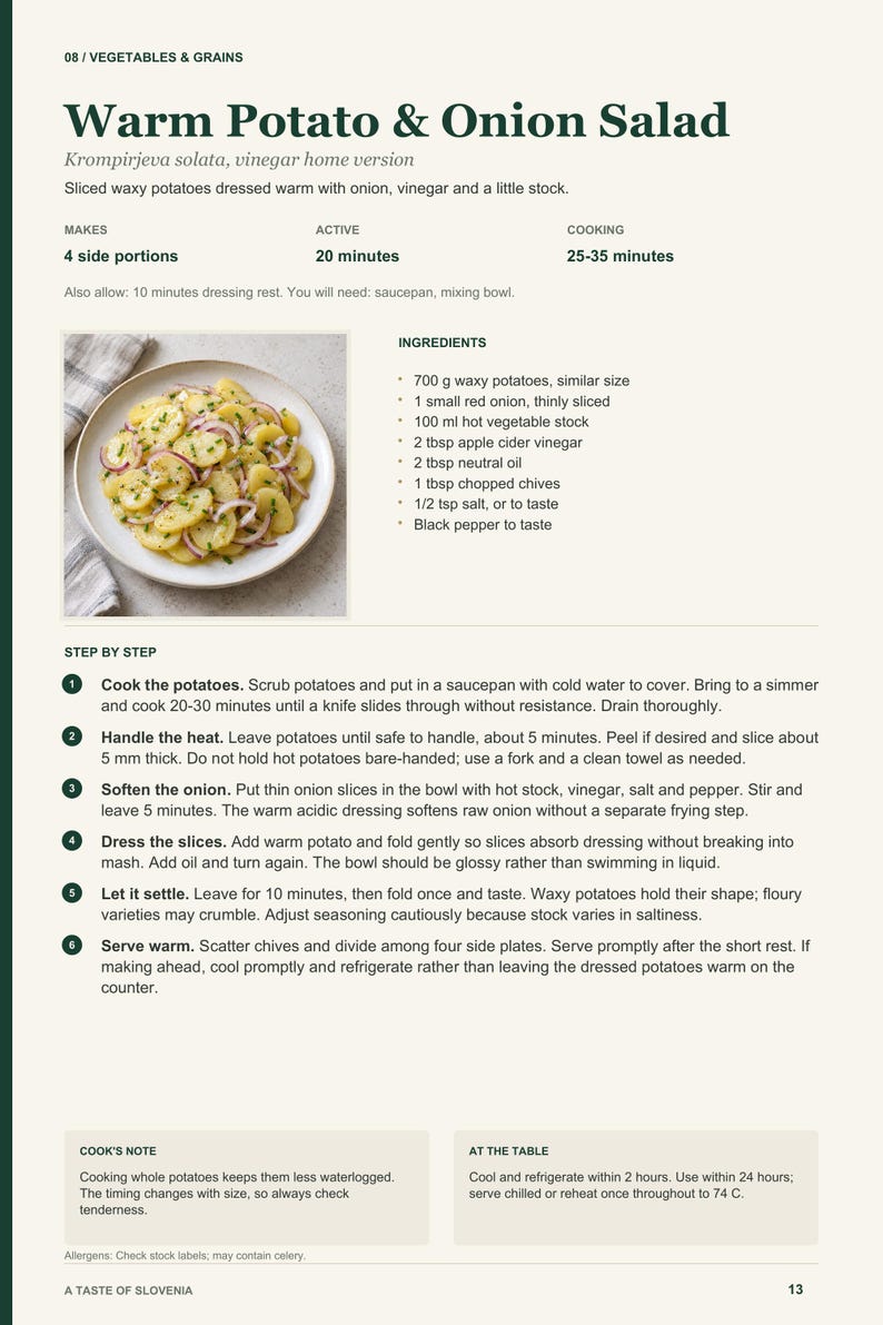 Actual PDF page 13 from A Taste of Slovenia: Warm Potato & Onion Salad recipe page.
