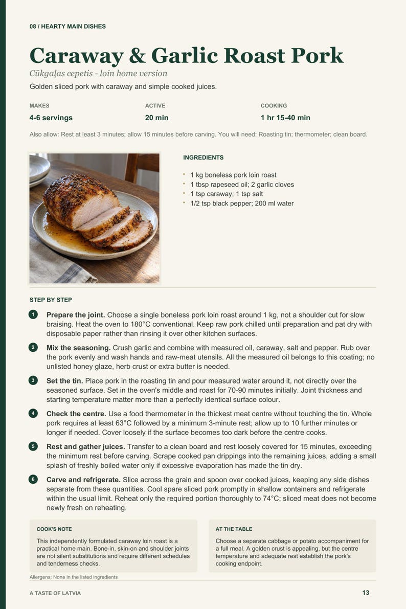 Actual PDF page 13 from A Taste of Latvia: Caraway & Garlic Roast Pork recipe page.