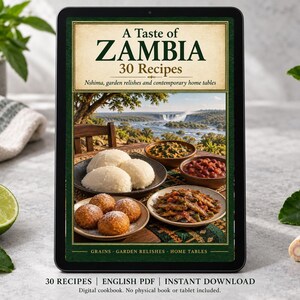 Digital cookbook mockup displaying the actual A Taste of Zambia cover. English PDF download only; no tablet or physical book included.