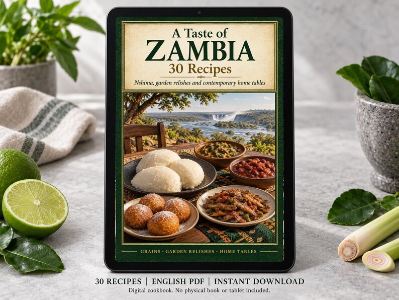 Digital cookbook mockup displaying the actual A Taste of Zambia cover. English PDF download only; no tablet or physical book included.