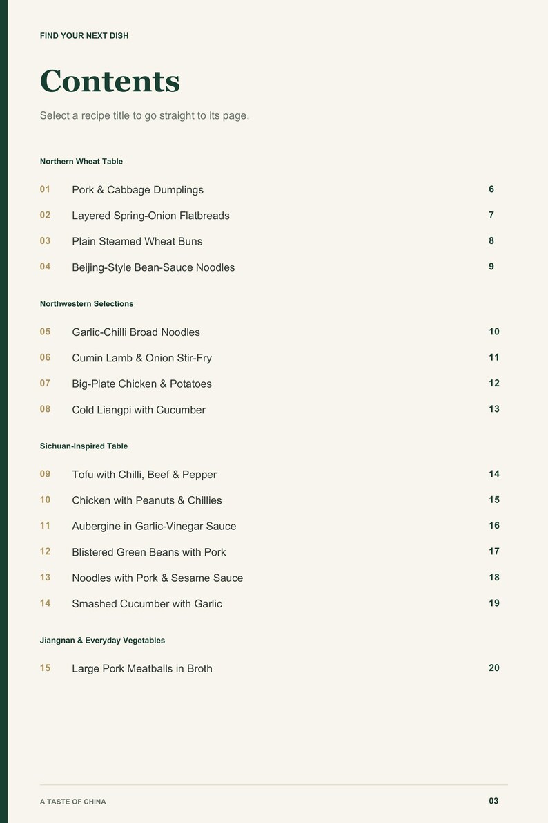 Actual PDF page 3 from A Taste of China: Contents, page 1.