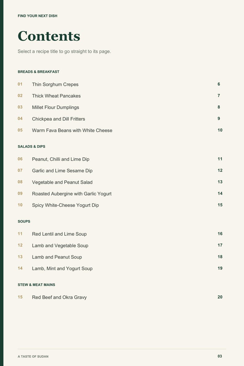 Actual PDF page 3 from A Taste of Sudan: Contents, page 1.