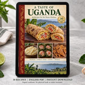 Digital cookbook mockup displaying the actual A Taste of Uganda cover. English PDF download only; no tablet or physical book included.