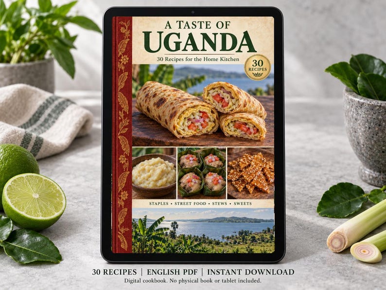 Digital cookbook mockup displaying the actual A Taste of Uganda cover. English PDF download only; no tablet or physical book included.