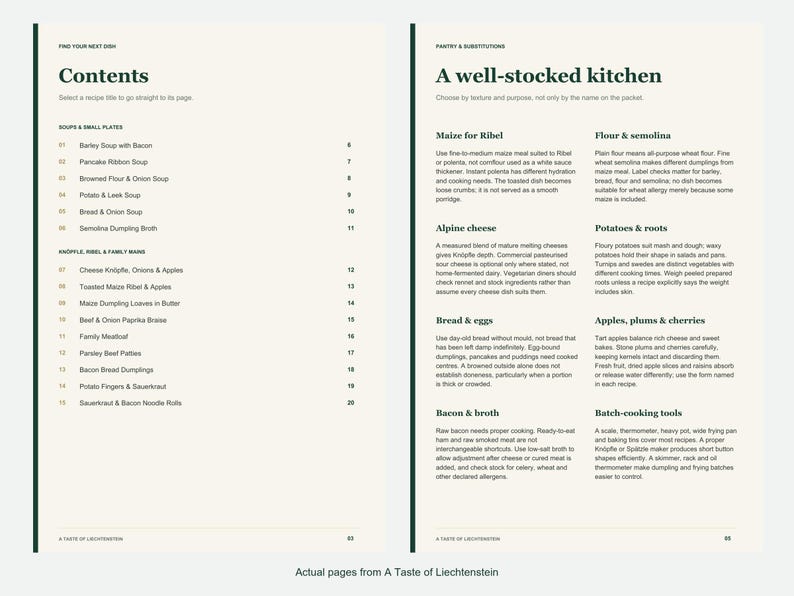 Actual contents and kitchen-notes pages from A Taste of Liechtenstein.