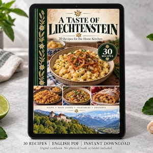 Digital cookbook mockup displaying the actual A Taste of Liechtenstein cover. English PDF download only; no tablet or physical book included.