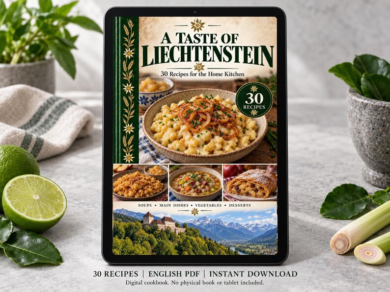 Digital cookbook mockup displaying the actual A Taste of Liechtenstein cover. English PDF download only; no tablet or physical book included.